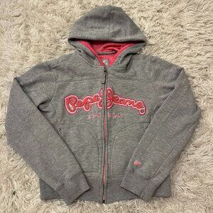 Y2K Pepe Jeans London Zip Up Hoodie Sweatshirt Grey Pink Women's Small